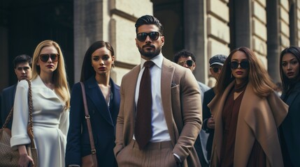 Business men and women wear street style clothes after a fashion show at Milan Fashion Week.