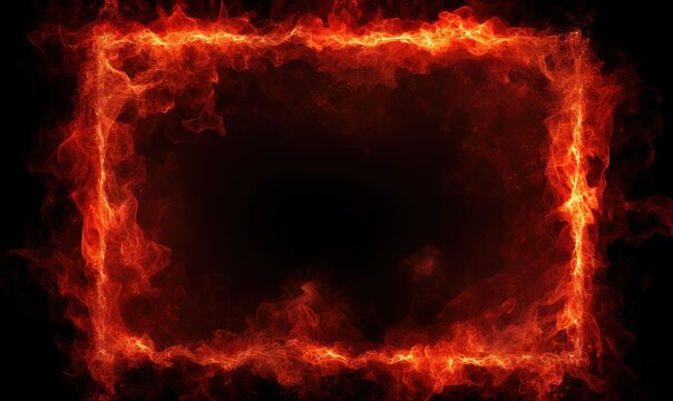 Empty frame with bright fire border, glowing burning flame signboard, orange fire flames around rectangle frame on black background, banners or advertisements concept Generative AI