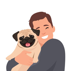 Young man hugging little dog pet. Smiling boy petting domestic animal. Friendship between a man and pet. Cute friendly pug. Flat vector illustration isolated on white background