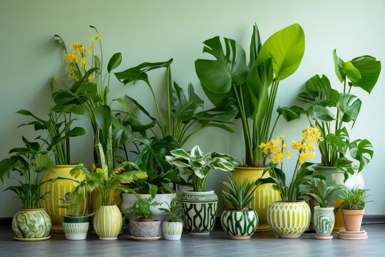 Glossy Houseplants ceramic pots. Tropical leaves. Generate Ai - Powered by Adobe