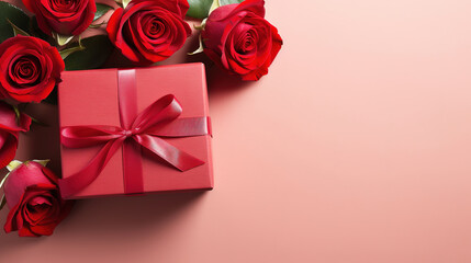 valentines day, mother day, red gift box with red rose flower on pink background top view, with empty copy space