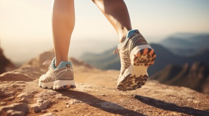 Female legs with sports shoes and backpack running on mountain trail - obrazy, fototapety, plakaty