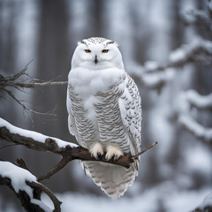 Shot of a snowy owl sitting on a branch and looking into the camera