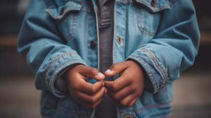 The hands of a rough African American boy wearing a denim jacket reach out and beg for alms. - obrazy, fototapety, plakaty