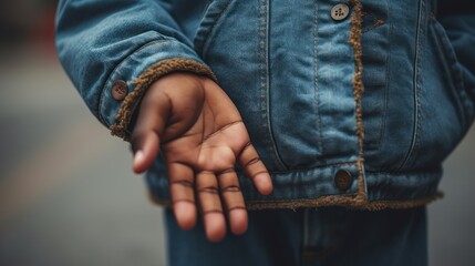 The hands of a rough African American boy wearing a denim jacket reach out and beg for alms.