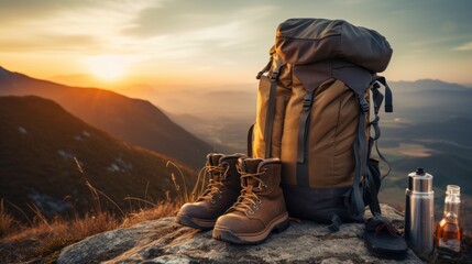 Close-up of hiking and camping gear, backpacks, water bottles, and leather ankle boots. Behind is a mountain with some mist. at sunset telephoto lens natural lighting - obrazy, fototapety, plakaty