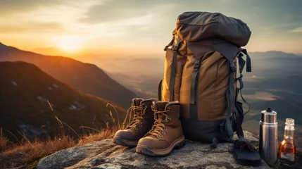 Selbstklebende Fototapeten Close-up of hiking and camping gear, backpacks, water bottles, and leather ankle boots. Behind is a mountain with some mist. at sunset telephoto lens natural lighting © somchai20162516