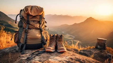 Poster Close-up of hiking and camping gear, backpacks, water bottles, and leather ankle boots. Behind is a mountain with some mist. at sunset telephoto lens natural lighting © somchai20162516