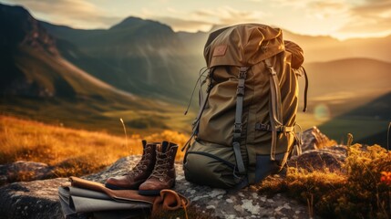 Close-up of hiking and camping gear, backpacks, water bottles, and leather ankle boots. Behind is a...