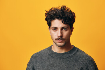 Man sweater orange smile serious fashion yellow beard student trendy portrait background happy casual