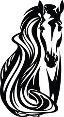 wild mustang horse spirit with long mane black and white vector front view head portrait