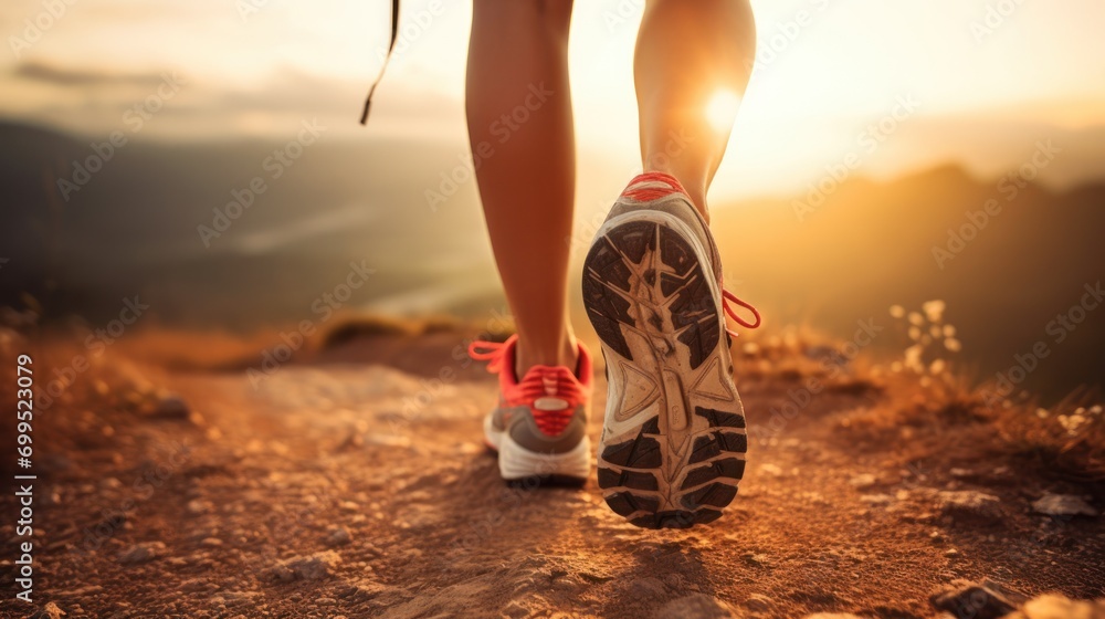 Wall mural woman's legs with sports shoes running on a mountain path