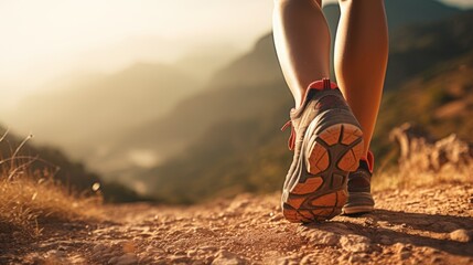 Woman's legs with sports shoes running on a mountain path