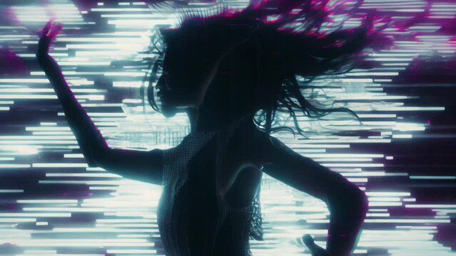 A dancing woman silhouette in cyberpunk led lights changing music advertisement animation