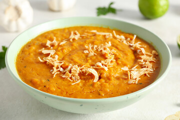 Concept of tasty food, sweet potato puree