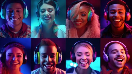 Obraz premium Collage image of young sentimental people on multicolored background in neon. Concept of human emotions, facial expressions, sales. Smiling, listening to music with headphones. Neon sign.