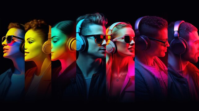 Collage image of young sentimental people on multicolored background in neon. Concept of human emotions, facial expressions, sales. Smiling, listening to music with headphones. Neon sign.