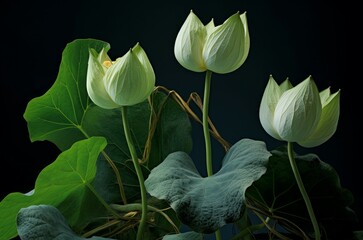 Glossy Lotus leaves buds. Garden green. Generate Ai
