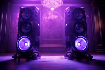 Noticeable Loudspeakers purple light. Digital media. Generate Ai