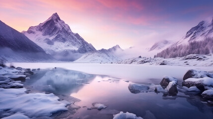 Fototapeta na wymiar mountains lake winter season snowy sunset landscape beautiful nature ai visual concept