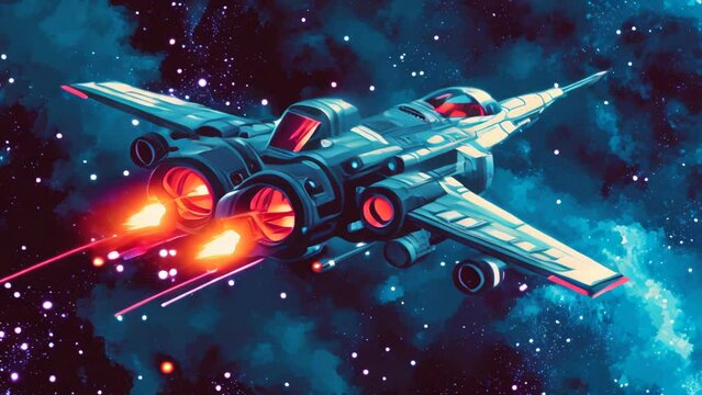 Sci-fi arcade style spaceship flying in space animated wallpaper