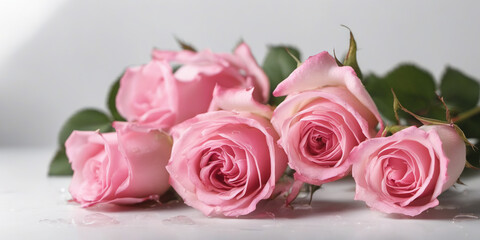 Bouquet of pink roses on a white background. Valentines day background. Banner, design, web, mockup. Generative AI