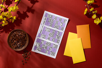 Flat lay of a plate of melon seeds, a lottery sheet, lucky money envelope and yellow apricot flower branch on a red background. Festive atmosphere.