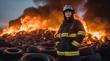 Firefighter standing looking at camera Behind there was black smoke from a tire fire. Rubber cemetery at the rubber incineration plant. Rubber recycling.