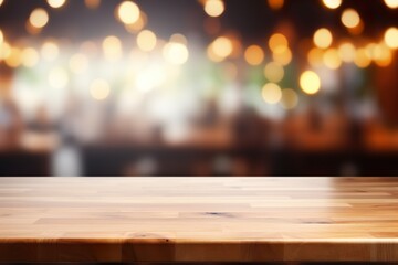 Wood table top counter and modern kitchen interior with blurred background, clean and bright. Product montage banner