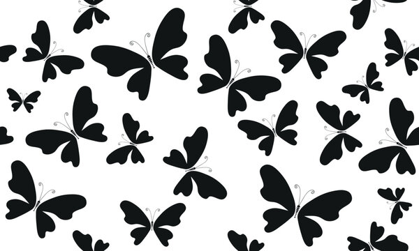 Vector seamless monochrome pattern with black doodle butterflies on the transparent background