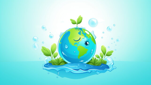 A cartoon of a planet earth with a face and leaves in water
