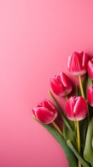 Fototapeta premium Pink Background with Tulips. Free Space for Text, Copy Space, Mock up. Concept of Spring and International Women's Day on March 8. Vertical Banner