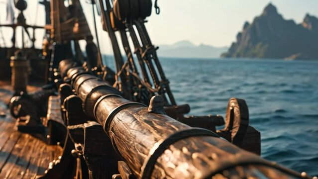View from a pirate ship wooden railing into a treasure island medieval style animation