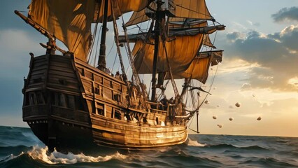 Medieval pirate ship galley sailing in the sunset