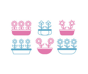 set of home garden pot flowers simple flat vector design icon illustration element collections