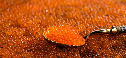 Red Caviar in a spoon background. Close-up of salmon fish roe caviar. Delicatessen. Texture of...