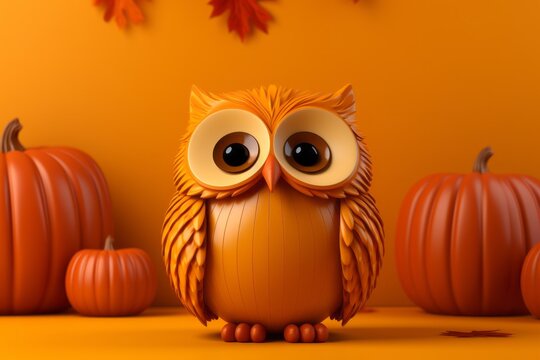 Charming Wooden Owl Toy, on an isolated Autumn Orange background, Generative AI