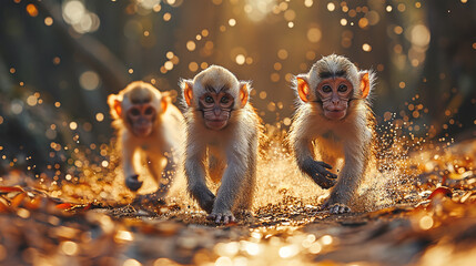 Monkey family running out from the wild, blured background with gold light, fantacy concept for...