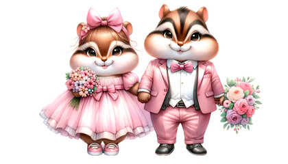 Obraz premium Watercolor illustration of a cute chubby Chipmunk couple character in cute pink outfits, celebrating Valentine's Day and radiating happiness and cheerfulness.
