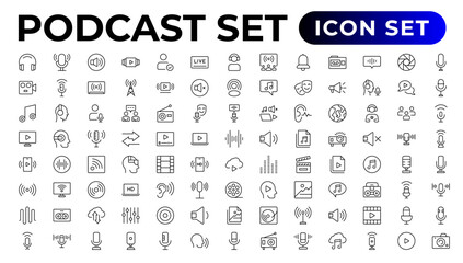 Podcast icon collection. Containing audio, microphone, record, podcasting, broadcasting.Outline icon collection. - obrazy, fototapety, plakaty