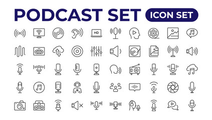 Fototapeta na wymiar Podcast icon collection. Containing audio, microphone, record, podcasting, broadcasting.Outline icon collection.