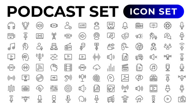 Podcast icon collection. Containing audio, microphone, record, podcasting, broadcasting.Outline icon collection.