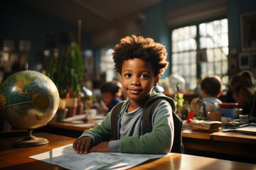 Happy schoolboy studying geography sitting at desk with globe - obrazy, fototapety, plakaty