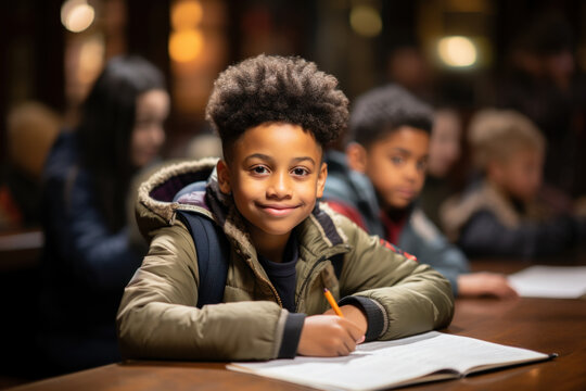 Male Student Sits At A School Desk And Writes Down Assignments In A Notebook