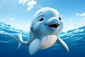 Smiling Plush Dolphin Toy, on an isolated Ocean Blue background, Generative AI