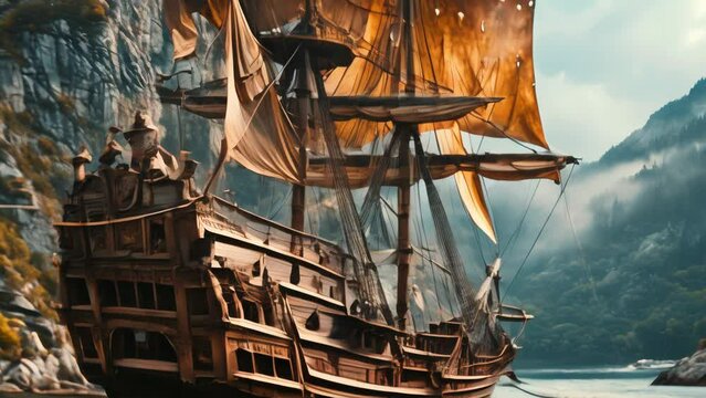 Medieval pirate ship galley close-up scene on the sails