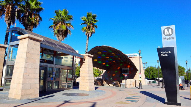 Los Angeles, California – October 6, 2023: Mariachi Plaza Metro Rail E Line Station, Located In The Boyle Heights District, Los Angeles