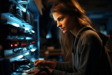 Focused female electrician assembling a circuit breaker in an electric switchboard, ensuring a reliable power supply, Generative AI
