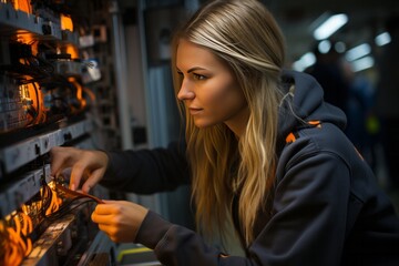 Focused female electrician assembling a circuit breaker in an electric switchboard, ensuring a reliable power supply, Generative AI