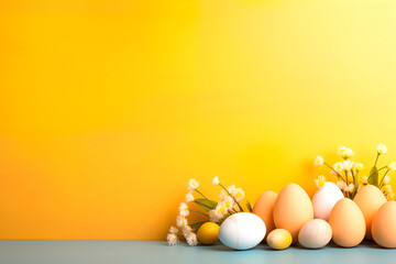 Easter background with colored eggs on a yellow background. Happy Easter concept with eggs and spring flowers.